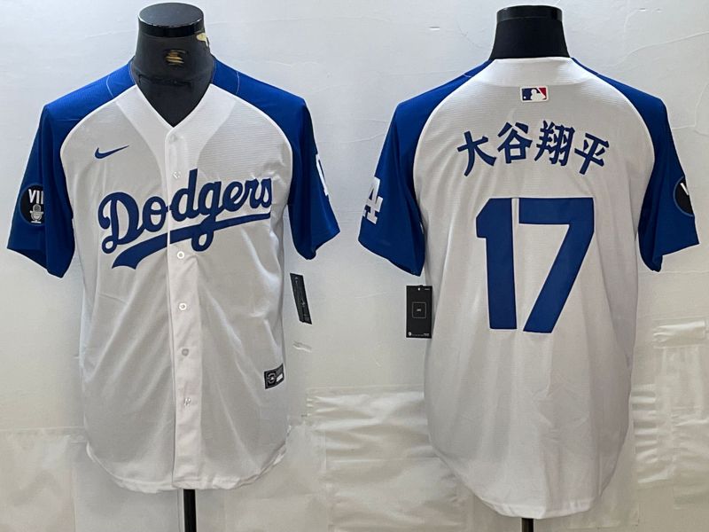 Men Los Angeles Dodgers 17 Ohtani White blue Fashion Nike Game MLB Jersey style 6